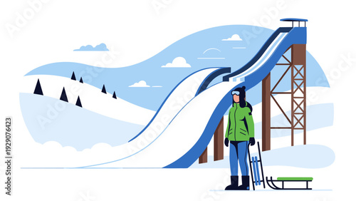winter sledding hill with snowboarder dressed in green jacket and blue pants hand drawn vector illustration