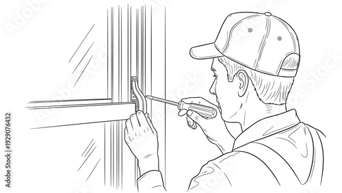 man installing window lock using screwdriver hand drawn line art illustration