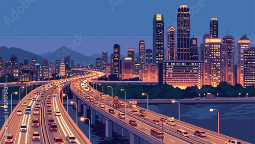 city skyline with tall buildings and busy highway at night hand drawn urban scene illustration