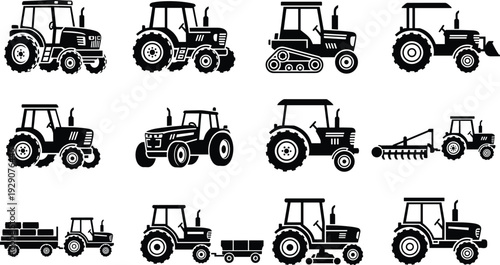 Collection of twelve black tractor silhouette icons showcasing diverse agricultural machinery designs, wheel and track variations, farming equipment attachments,