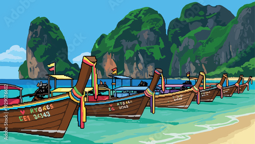 traditional thai longtail boats anchored at tropical beach with limestone cliffs hand drawn vector illustration