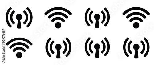Wireless wifi icon, internet connection, and wi fi signal stock vector showing wireless access connect, and podcast symbols for technology interface graphics.