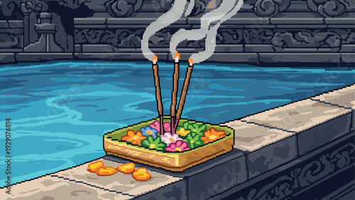 pixel art floating floral offering with incense sticks on water near stone temple wall with intricate carvings