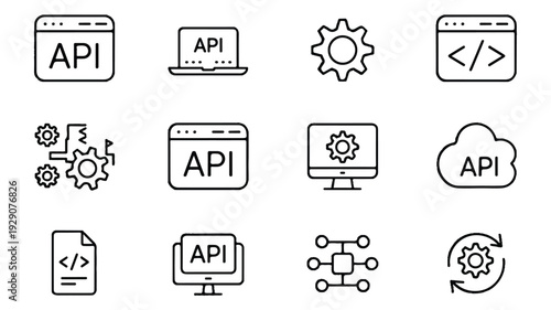 API application programming interface and coding icons set in line style