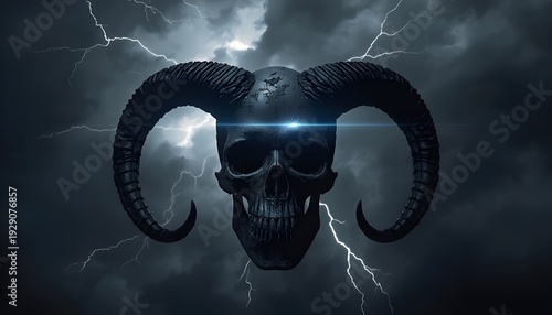 A dark and ominous illustration of a skull with horns set against a stormy sky with lightning