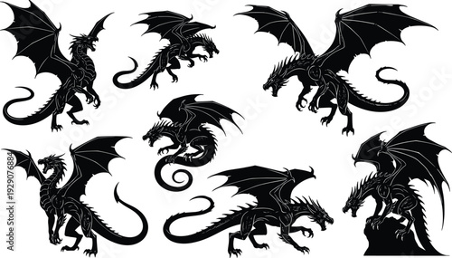 Fantasy dragon silhouettes collection featuring mythical winged creatures in dynamic poses, perfect for fantasy art, mythology design, creative illustration, and mystical storytelling projects