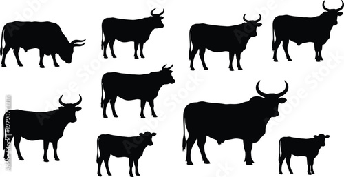 Nine black bovine silhouettes in varied poses and sizes, arranged in grid pattern, isolated on white background, perfect for agriculture, livestock, and wildlife design projects