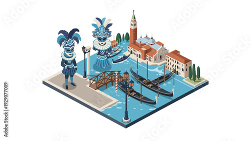 isometric venice cityscape with carnival masks gondolas and historic buildings hand drawn travel illustration