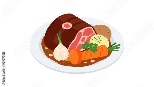 plate of roast beef with vegetables including carrot onion potato and mashed potato in hand drawn flat style