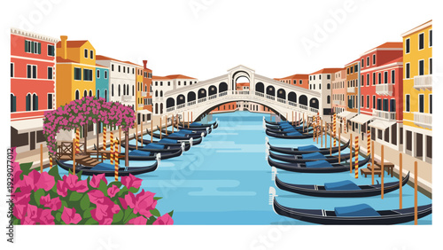 venice canal with gondolas colorful buildings and rialto bridge vector illustration