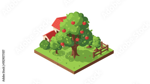 isometric apple orchard with tree house fence and grass in bright colorful style