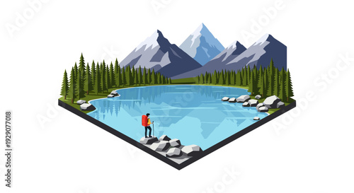hiker standing on rocks by mountain lake with forest and snowy peaks isometric illustration
