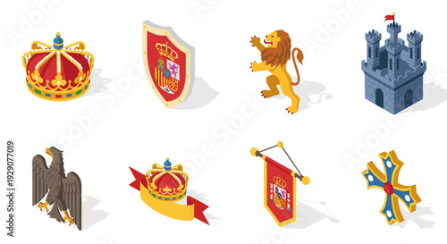 medieval heraldic symbols and royal crown set in isometric style for historical and fantasy design