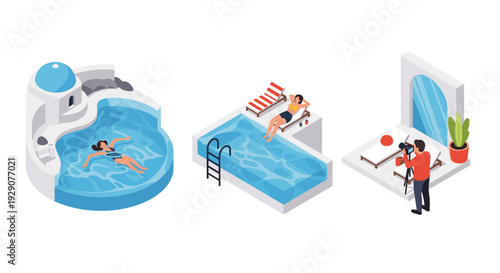 isometric swimming pool scenes with people relaxing and photographer capturing moments hand drawn illustration