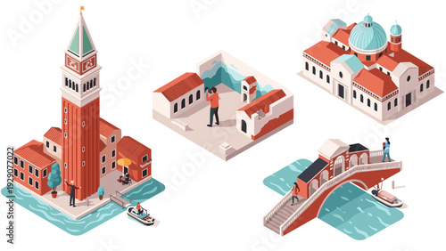 isometric illustration set of venetian landmarks with campanile church ruins and rialto bridge in flat style