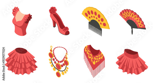 set of traditional flamenco clothing accessories and ornaments in hand drawn flat style