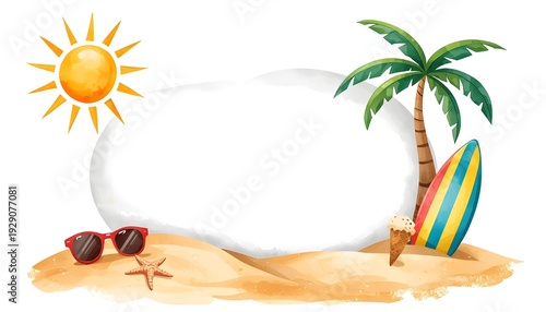 A colorful beach scene with a palm tree, surfboard, and sunglasses on the sand