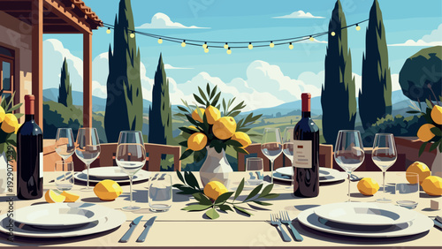 outdoor dining table set with wine glasses lemon centerpiece and string lights in a scenic countryside hand drawn illustration