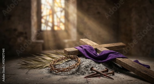 Rustic wooden cross draped with purple cloth, resting on ash with a crown of thorns, rusty nails, and a palm frond on a stone floor, dramatically lit by sun rays from a blurred window