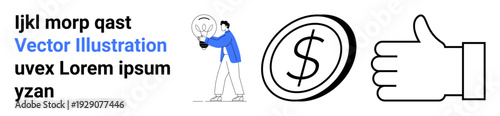 Innovation, finance, encouragement, creativity, business strategies, success . A person holding a lightbulb, a large dollar sign and a thumbs-up icon. Innovation and finance concept