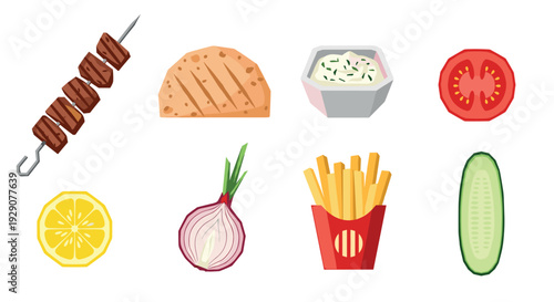 set of hand drawn grilled meat skewer bread sauce vegetables and french fries food illustration
