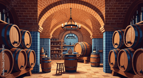 wine cellar interior with wooden barrels brick arches and bottles hand drawn vintage style illustration