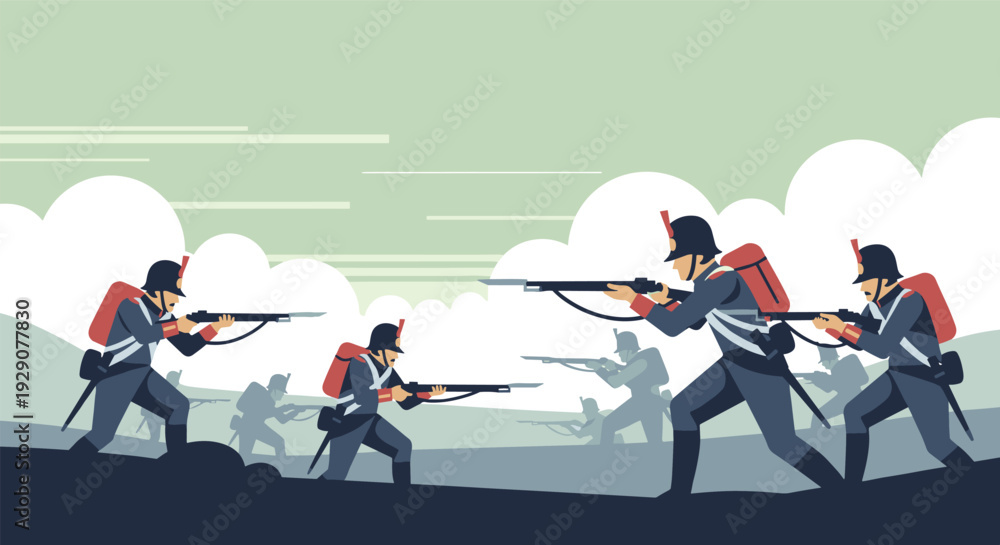 Fototapeta premium historical soldiers firing rifles with bayonets in a battle scene flat illustration
