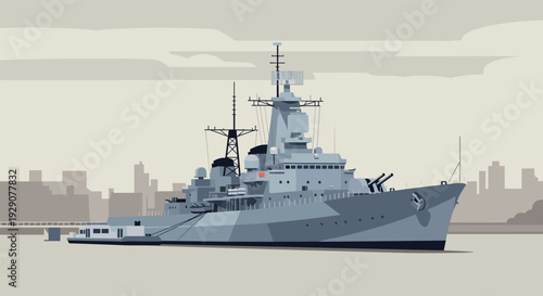 naval battleship moored at dock with city skyline in background flat vector illustration