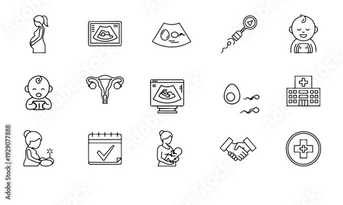 Pregnancy and Maternity Line Icon Set – Prenatal Care, Fertility, Baby and Medical Symbols