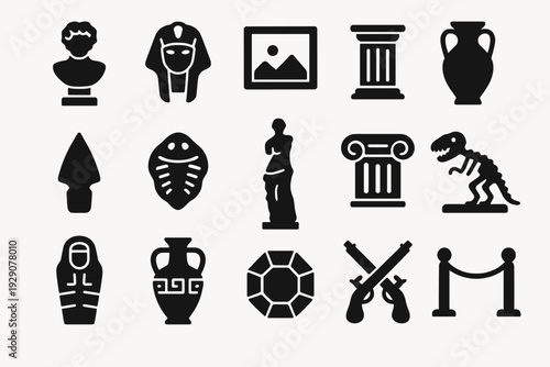 set of black museum and ancient history icons with artifacts statues and fossils in simple style