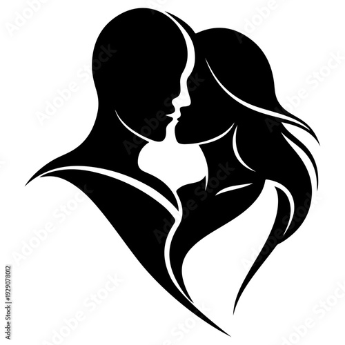 Romantic couple silhouette in love. Vector illustration of a man and woman profile facing each other, intimate moment isolated on white background.

