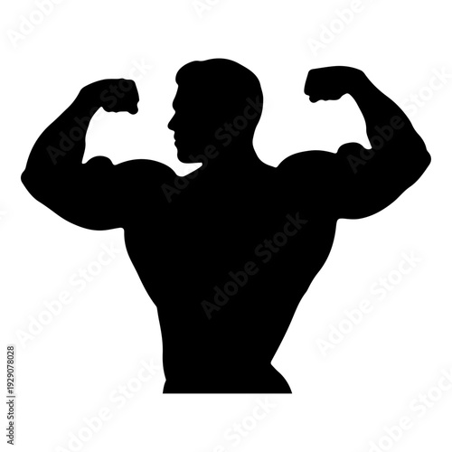 Bodybuilder silhouette flexing muscles. Vector illustration of a strong muscular man posing, showing biceps, fitness and gym concept isolated on white background.

