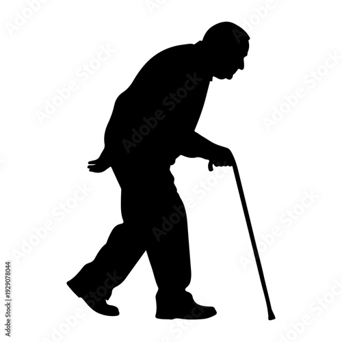 Silhouette of an old man walking with a cane. Vector illustration of an elderly senior citizen holding a walking stick isolated on white background.

