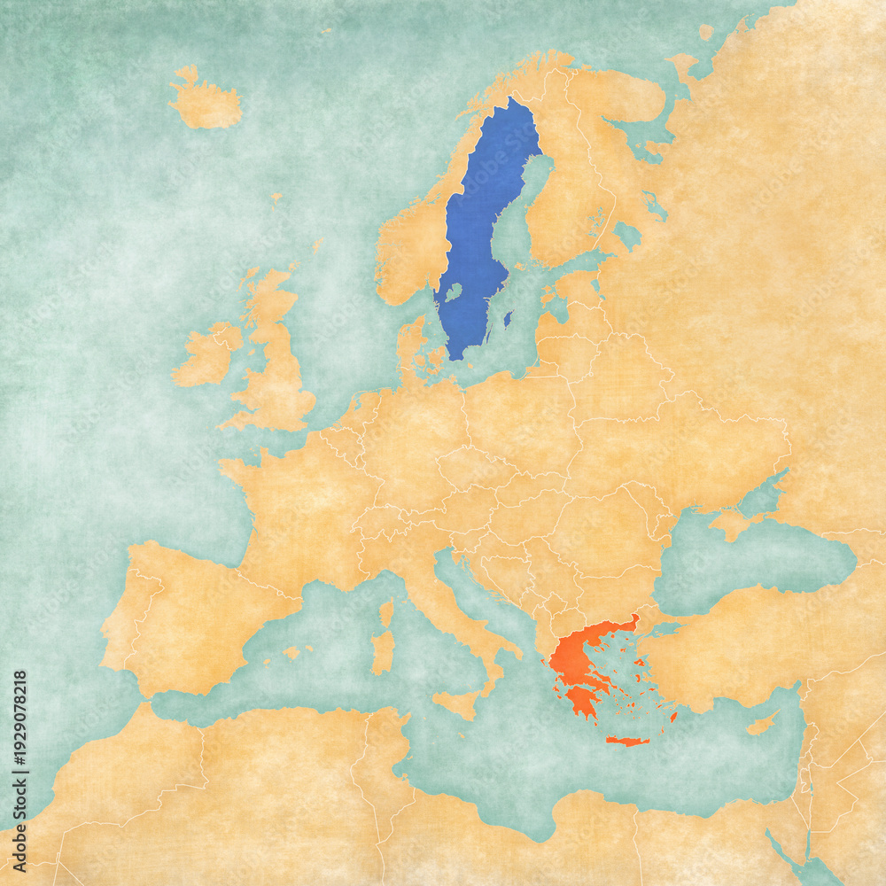 Naklejka premium Map of Europe - Sweden and Greece