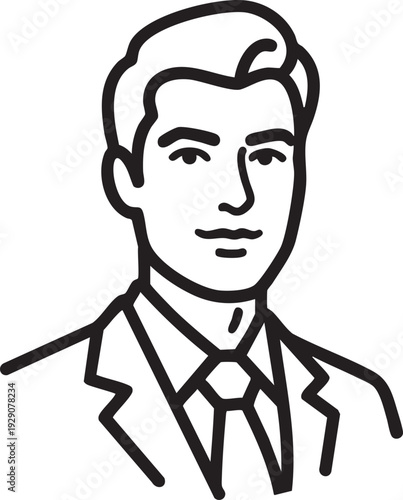 Line drawing portrait of a well-groomed man in a suit and tie, conveying professionalism