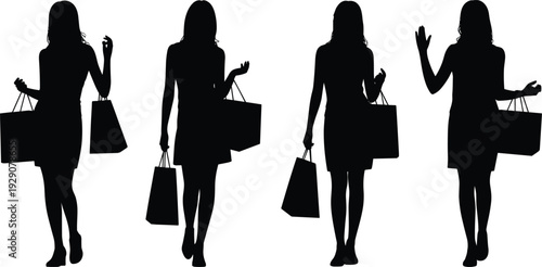 Elegant women shopping silhouettes carrying bags isolated on white background fashion retail illustration