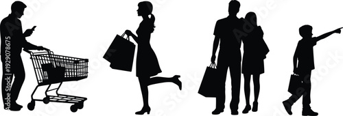Family and shoppers silhouettes with cart and bags isolated on white retail concept
