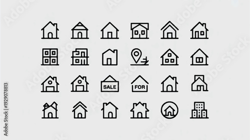 Black line icons of various houses and buildings for real estate concepts