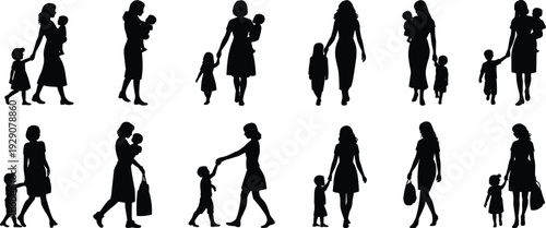 Mother and children silhouettes set isolated on white background family parenting concept