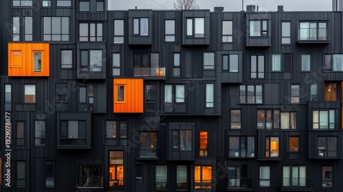 A modern black building with orange accents.