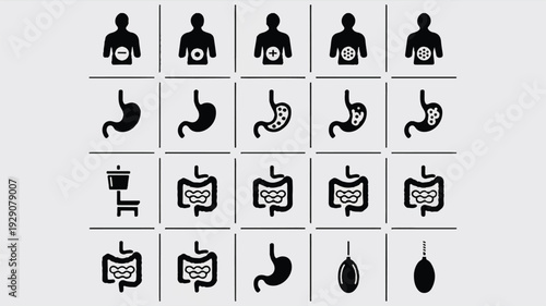 Black silhouettes of human digestive system and organs icons