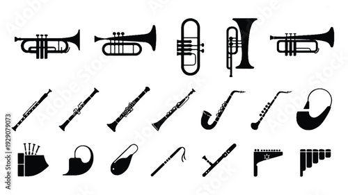 black silhouettes of various musical instruments for graphic design  musical symbols