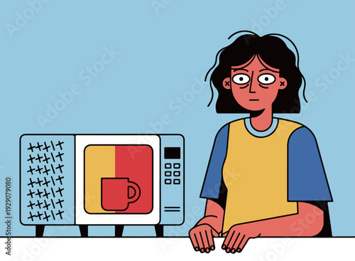 Tired Woman Waiting for Microwave