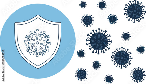 Shield protection against virus infection concept with coronavirus particles in flat vector illustration for healthcare immunity, antivirus defense and medical safety design.