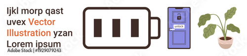 Energy efficiency, security systems, smart homes, sustainability, interior decor, minimalism. Battery icon, locked door and potted plant. Energy efficiency and security systems concepts