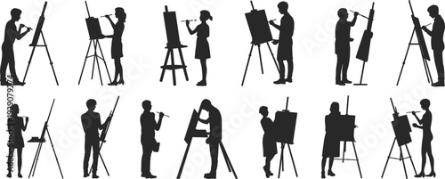 Large collection of black silhouettes featuring male and female artists painting on canvas with easels in various creative poses isolated on a white background