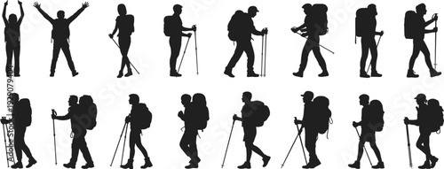 Large collection of black silhouettes featuring male and female hikers with backpacks and trekking poles walking and celebrating isolated on white background for adventure
