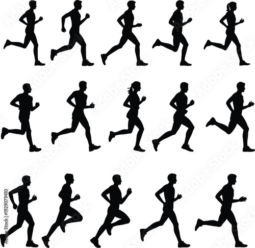 Large collection of black silhouettes featuring male and female runners jogging and sprinting in various active motion poses isolated on a white background for sports