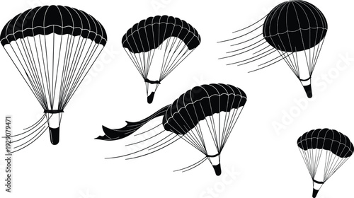 Black parachutes in various flying positions flying parachutes skydiving parachute descent