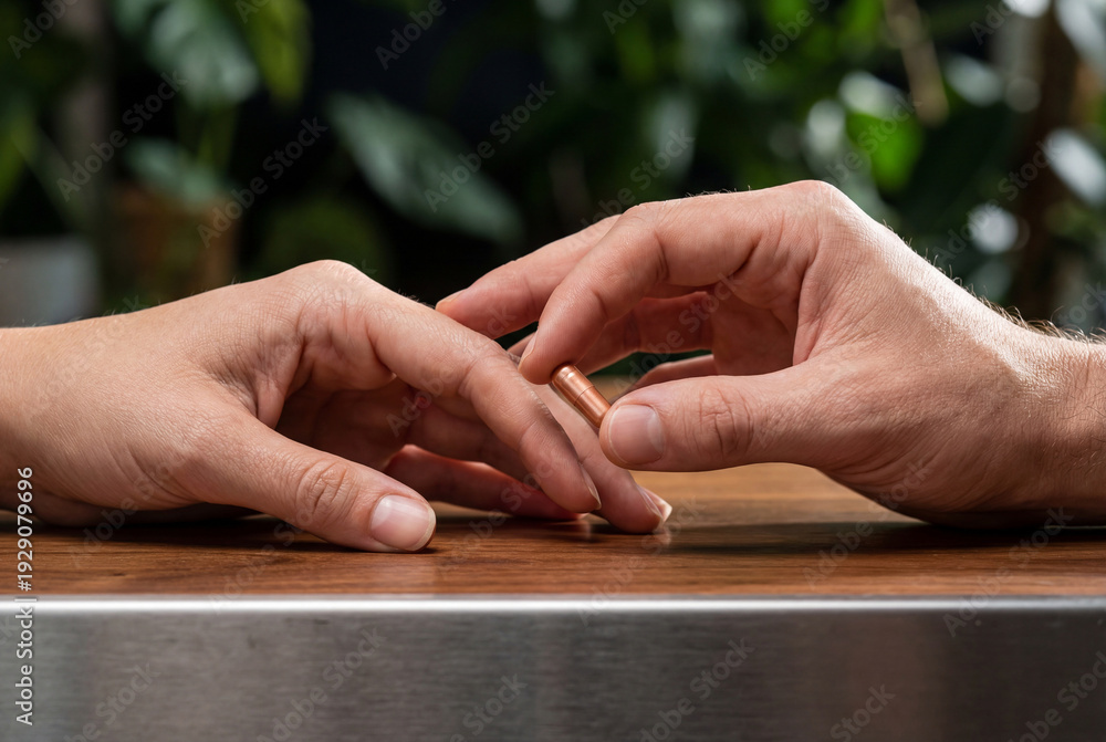 Obraz premium Close up of a hand giving a copper colored supplement capsule to another person, concept of personalized medicine, vitamins, and biohacking.